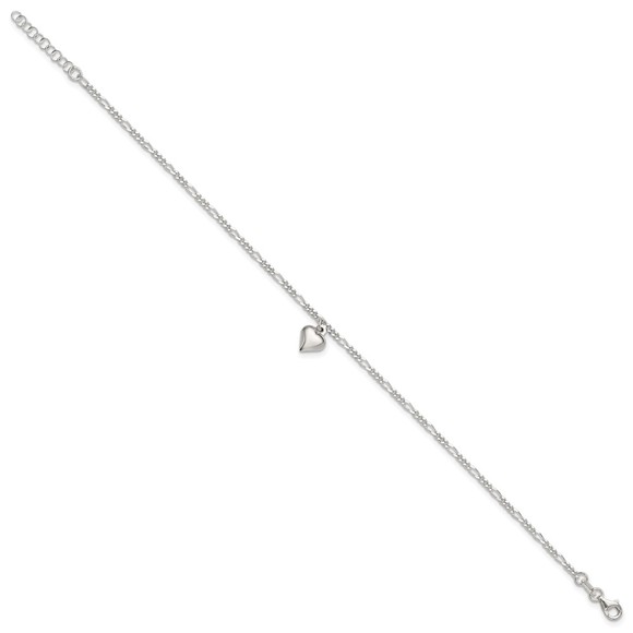 925 Sterling Silver Polished Heart Charm 9 in + 1" ext. Summer Jewelry Anklet - Picture 2 of 7